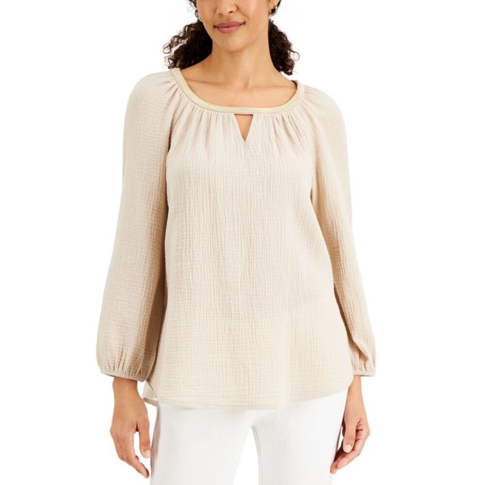 JM Collection Petite Beaded Keyhole Top
